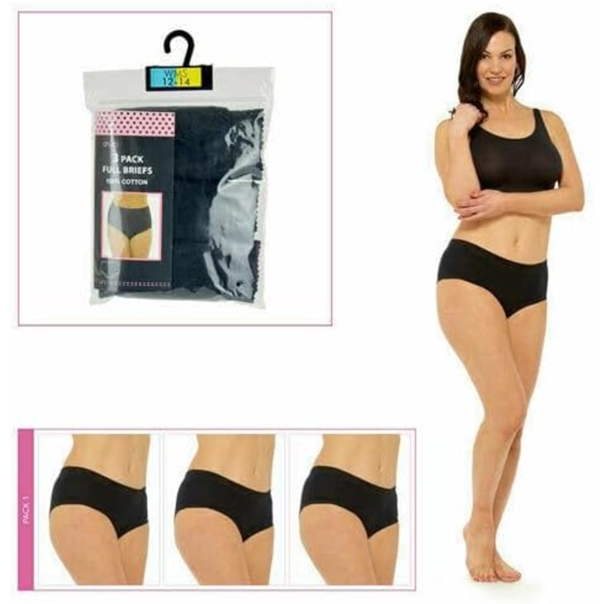 Ladies black cotton blend underwear full brief knickers multipack 3 pack